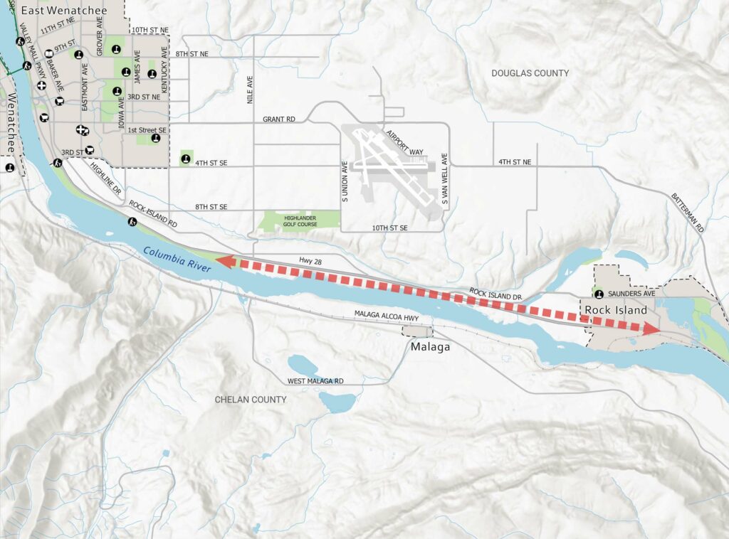 El mapa del corredor de Rock Island a East Wenatchee muestra las ciudades de East Wenatchee al oeste y Rock Island al este. La autopista 28 corre paralela a la orilla norte del río Columbia, que generalmente fluye de este a oeste en este segmento. 