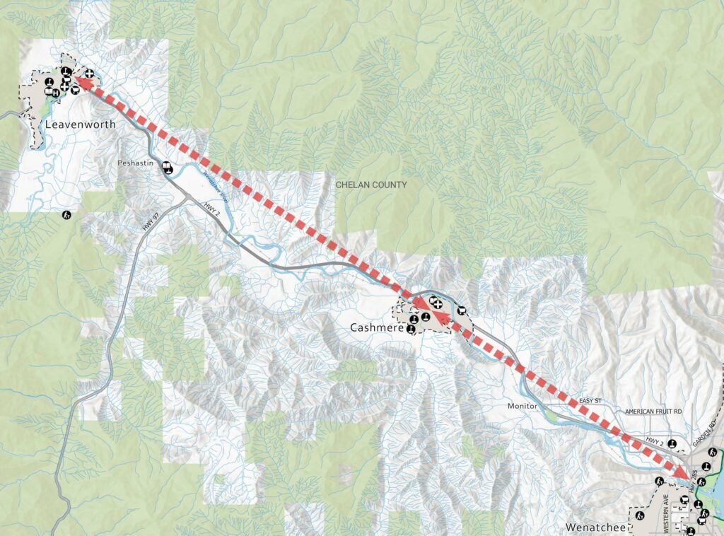 El mapa muestra el corredor desde Wenatchee en el sureste hasta Leavenworth en la esquina noroeste del mapa. El corredor viaja a través de la ciudad de Cashmere a medio camino entre las dos ciudades. La autopista 2 sigue el trazado general del corredor. 