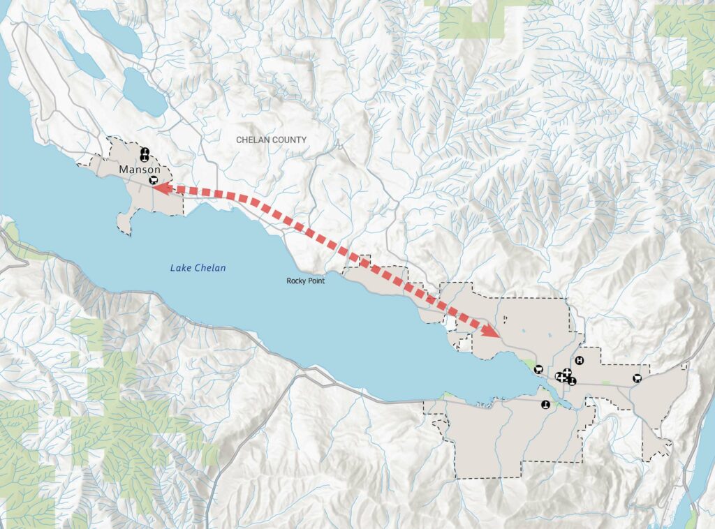 Map of the Chelan to Manson corridor. Chelan is at the eastern end of Lake Chelan and Manson is on the northern shore of the lake, west of Chelan. The trail passes Rocky Point midway.