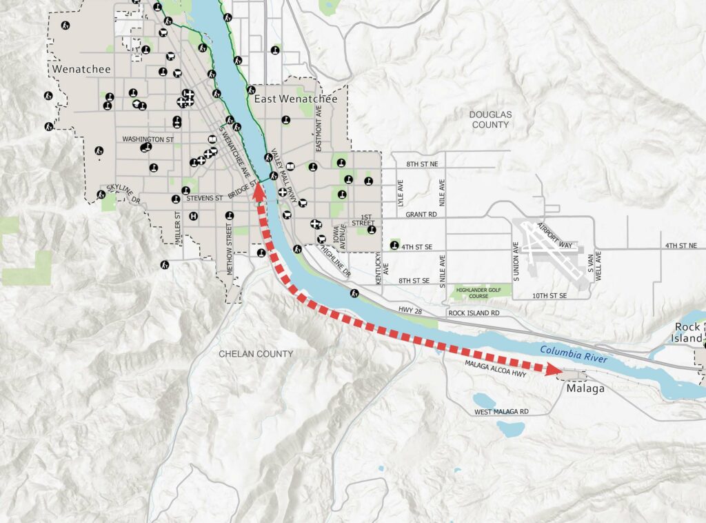 Mapa del corredor de Málaga a Wenatchee. Las ciudades de Wenatchee y East Wenatchee están al noroeste y se extienden a ambos lados del río Columbia, mientras que Málaga está al sureste y al sur del río. El río Columbia fluye de sureste a noroeste en este segmento. 